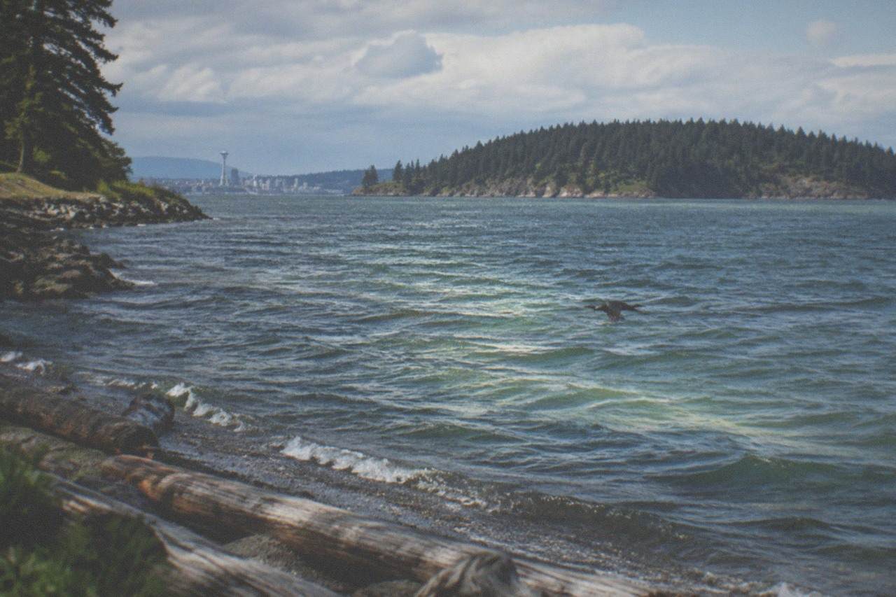 Open water of Puget Sound with forested islands on the horizon under a partly cloudy sky