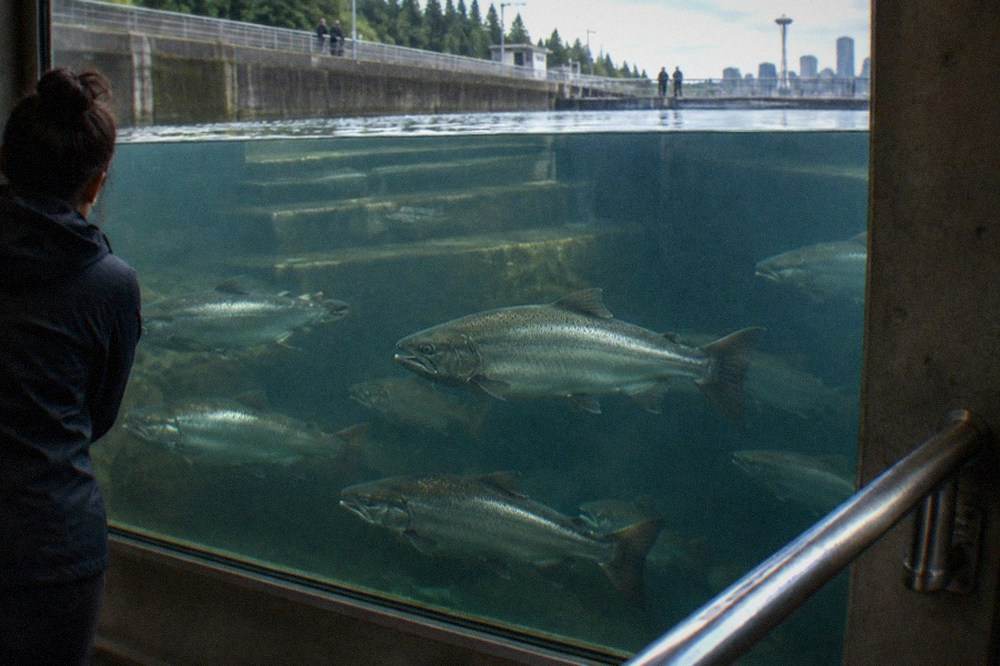 An underwater viewing window inside a dim room with large salmon visible behind the glass