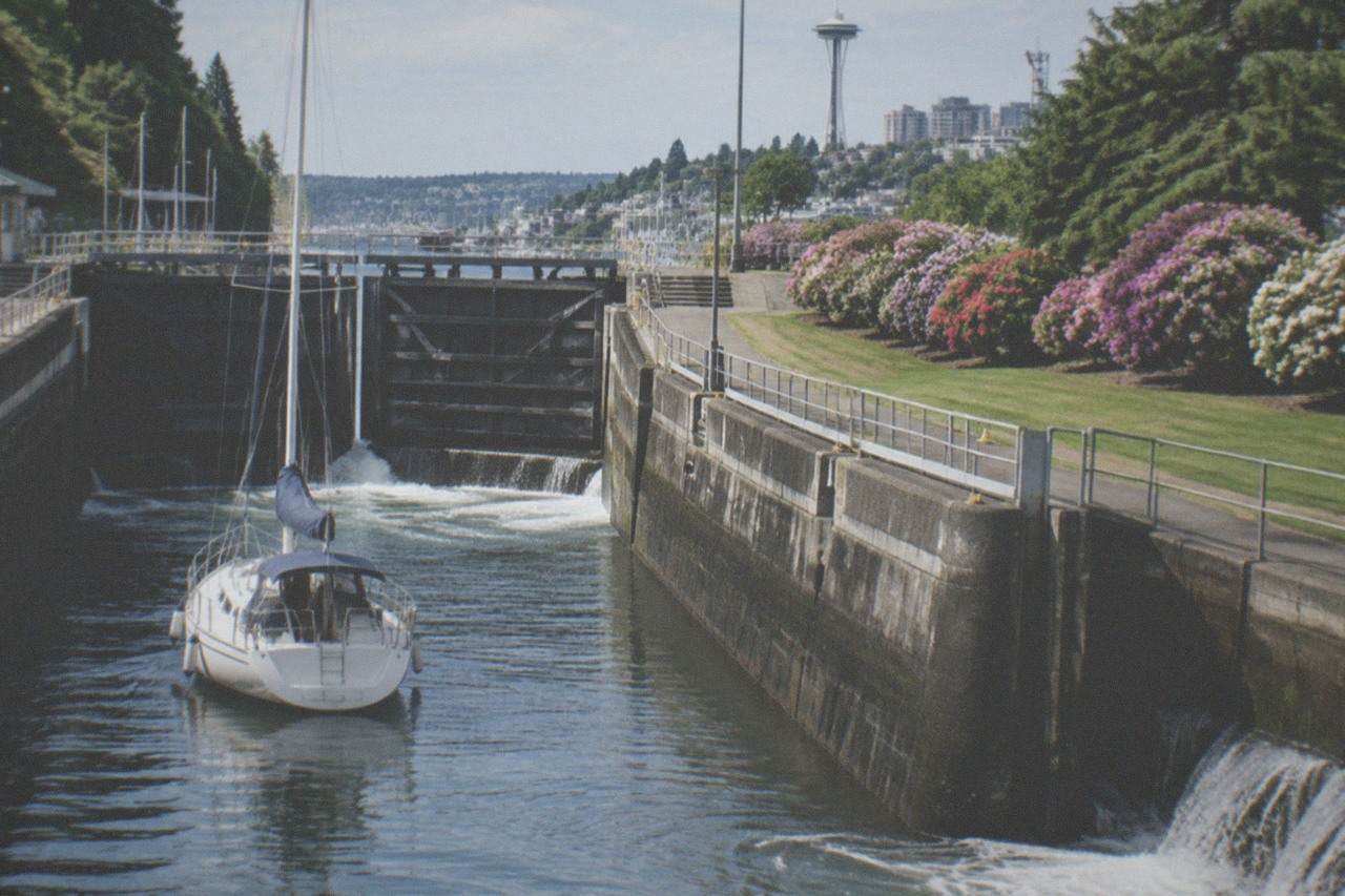 A sailboat passing through a wide concrete ship canal lock with steel gates and a garden bank beside it