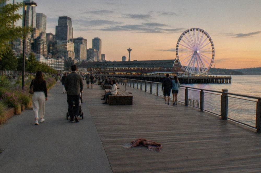 View of the Seattle Great Wheel and waterfront park promenade along Elliott Bay
