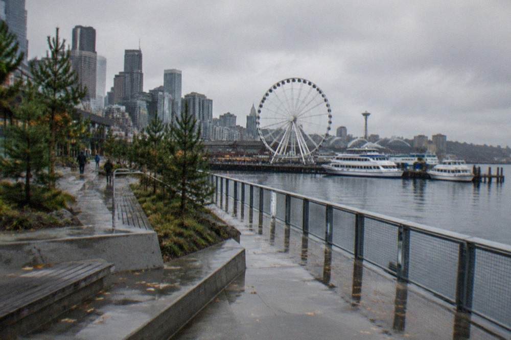 Waterfront park promenade with benches, plantings and moored boats on Elliott Bay