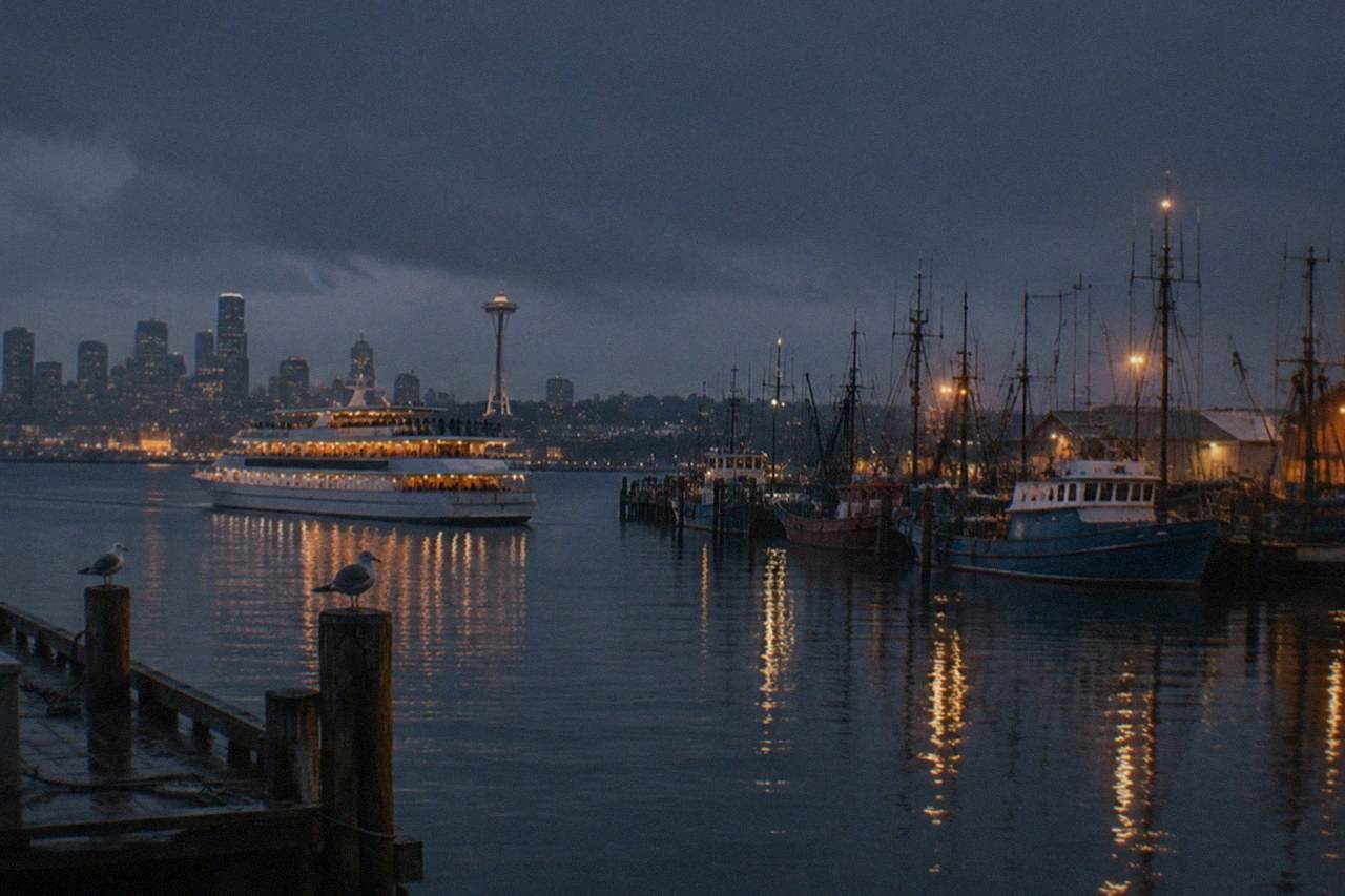 Dinner cruise boat under dusk light with the city behind; the dinner-cruise hub profiles the single Waterways Cruises & Events listing, rated 3.8 across 58 reviews, from $143 per person for a 2.5 hour meal on board.